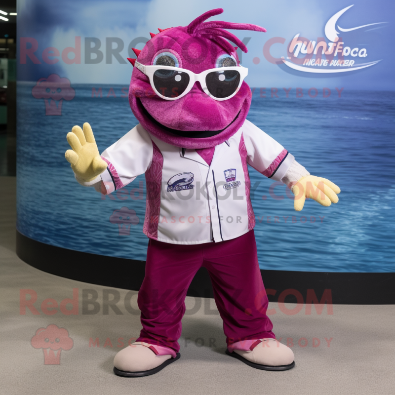 Magenta Barracuda mascot costume character dressed with a Button-Up Shirt and Eyeglasses