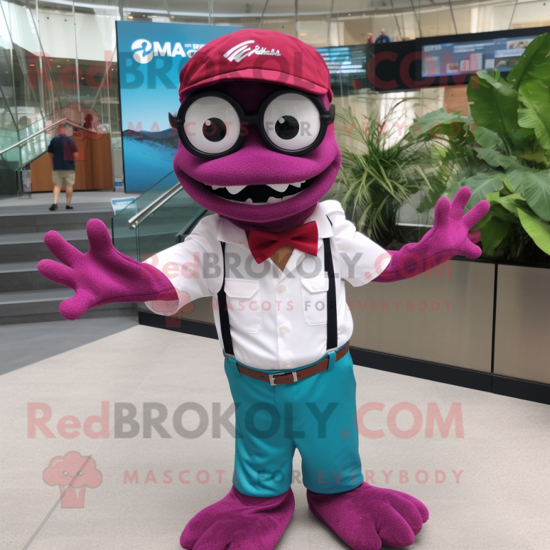 Magenta Barracuda mascot costume character dressed with a Button-Up Shirt and Eyeglasses