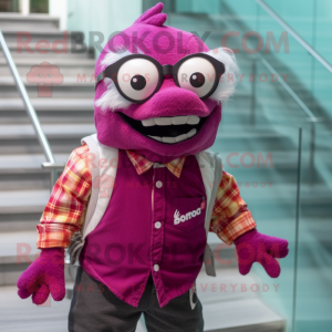 Magenta Barracuda mascot costume character dressed with a Button-Up Shirt and Eyeglasses
