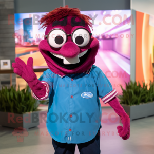 Magenta Barracuda mascot costume character dressed with a Button-Up Shirt and Eyeglasses