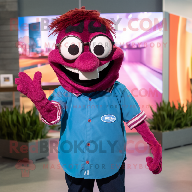 Magenta Barracuda mascot costume character dressed with a Button-Up Shirt and Eyeglasses Magenta Barracuda mascot costume character dressed with a Button-Up Shirt and Eyeglasses
