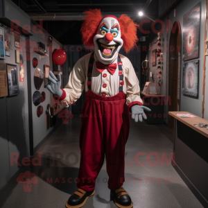 Red Evil Clown mascot costume character dressed with a Oxford Shirt and Suspenders