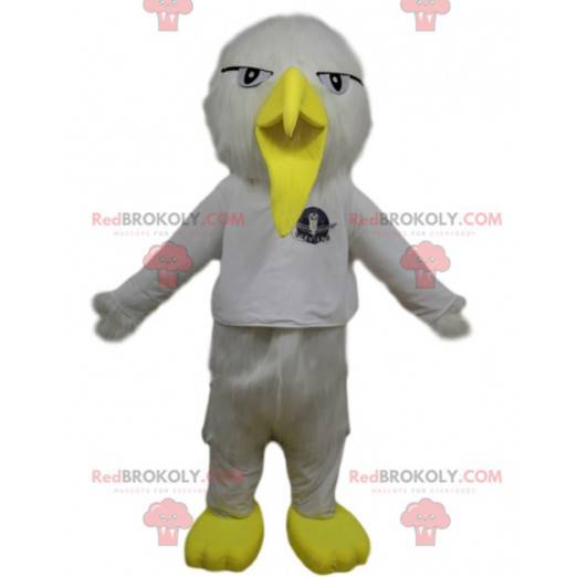 Mascote pássaro branco com um bico amarelo engraçado -