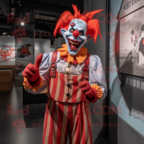 Red Evil Clown mascot costume character dressed with a Oxford Shirt and Suspenders