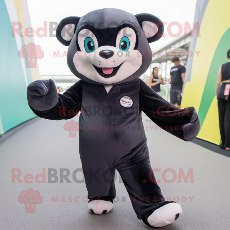 Black Ferret mascot costume character dressed with a Romper and Foot pads Black Ferret mascot costume character dressed with a Romper and Foot pads