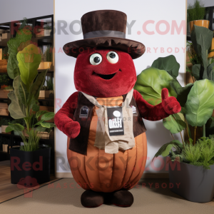 Rust Beet mascot costume character dressed with a Waistcoat and Hats
