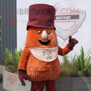 Rust Beet mascot costume character dressed with a Waistcoat and Hats