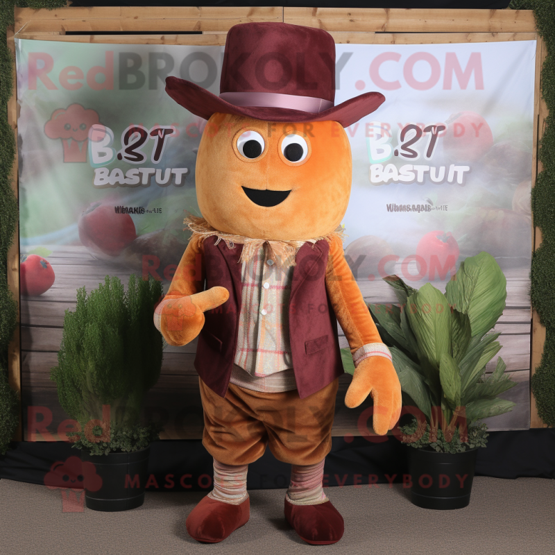 Rust Beet mascot costume character dressed with a Waistcoat and Hats