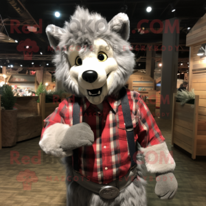 Silver Say Wolf mascot costume character dressed with a Flannel Shirt and Cummerbunds