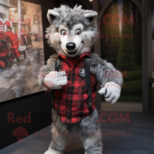 Silver Say Wolf mascot costume character dressed with a Flannel Shirt and Cummerbunds