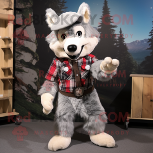 Silver Say Wolf mascot costume character dressed with a Flannel Shirt and Cummerbunds