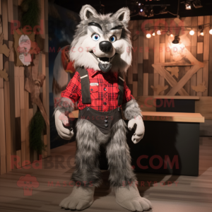 Silver Say Wolf mascot costume character dressed with a Flannel Shirt and Cummerbunds