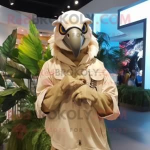 Beige Macaw mascot costume character dressed with a Windbreaker and Rings