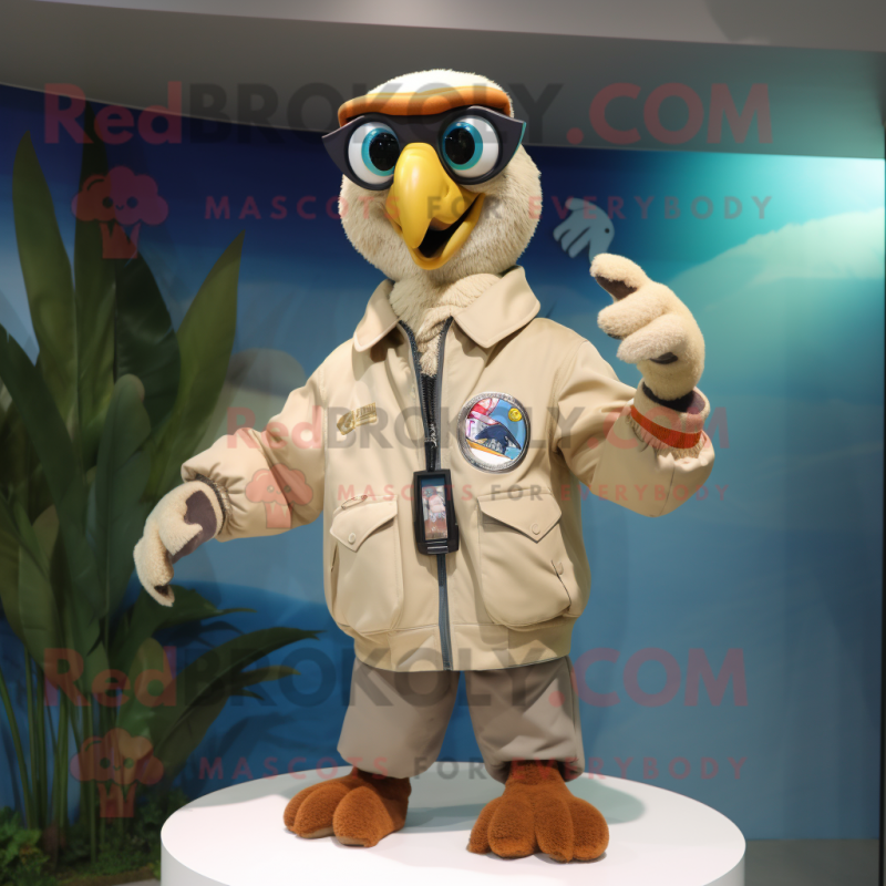 Beige Macaw mascot costume character dressed with a Windbreaker and Rings