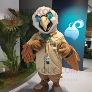 Beige Macaw mascot costume character dressed with a Windbreaker and Rings