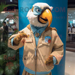 Beige Macaw mascot costume character dressed with a Windbreaker and Rings