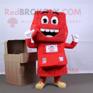 Red Lasagna mascot costume character dressed with a Overalls and Wallets