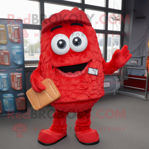 Red Lasagna mascot costume character dressed with a Overalls and Wallets