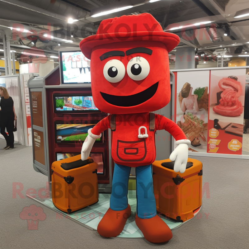 Red Lasagna mascot costume character dressed with a Overalls and Wallets Red Lasagna mascot costume character dressed with a Overalls and Wallets