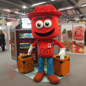 Red Lasagna mascot costume character dressed with a Overalls and Wallets