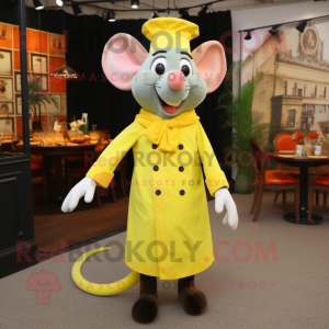 Lemon Yellow Ratatouille mascot costume character dressed with a Dress Pants and Lapel pins
