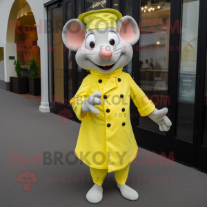 Lemon Yellow Ratatouille mascot costume character dressed with a Dress Pants and Lapel pins