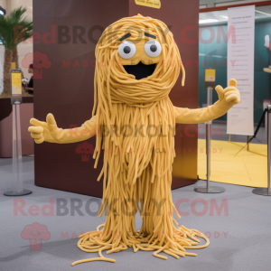 Gold Spaghetti mascot costume character dressed with a Chinos and Foot pads