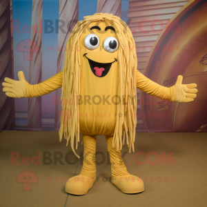 Gold Spaghetti mascot costume character dressed with a Chinos and Foot pads