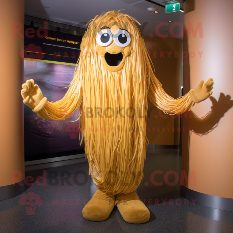 Gold Spaghetti mascot costume character dressed with a Chinos and Foot pads Gold Spaghetti mascot costume character dressed with a Chinos and Foot pads