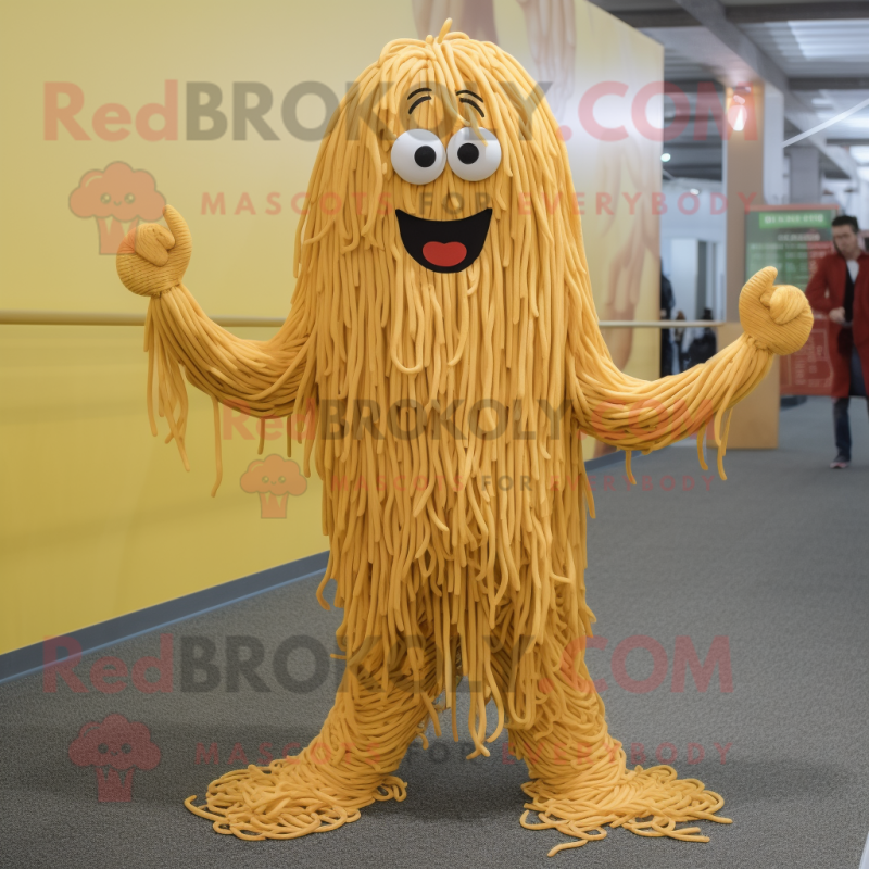 Gold Spaghetti mascot costume character dressed with a Chinos and Foot pads