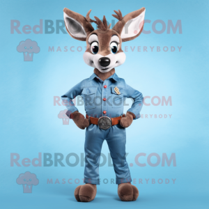Sky Blue Roe Deer mascot costume character dressed with a Denim Shirt and Belts
