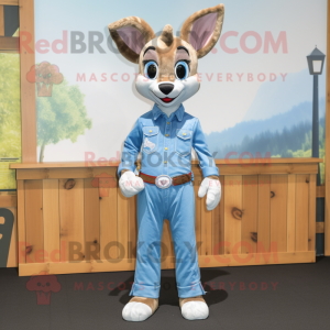 Sky Blue Roe Deer mascot costume character dressed with a Denim Shirt and Belts