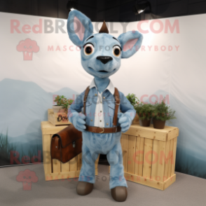 Sky Blue Roe Deer mascot costume character dressed with a Denim Shirt and Belts