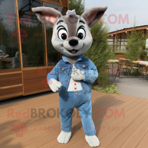Sky Blue Roe Deer mascot costume character dressed with a Denim Shirt and Belts