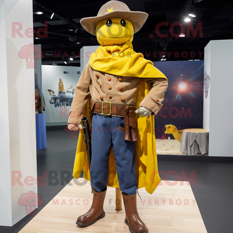 Yellow Civil War Soldier mascot costume character dressed with a Jeans and Shawls Yellow Civil War Soldier mascot costume character dressed with a Jeans and Shawls