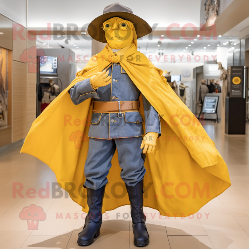 Yellow Civil War Soldier mascot costume character dressed with a Jeans and Shawls Yellow Civil War Soldier mascot costume character dressed with a Jeans and Shawls