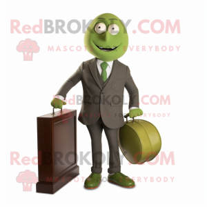Olive Attorney mascot costume character dressed with a Suit and Clutch bags