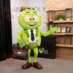Olive Attorney mascot costume character dressed with a Suit and Clutch bags