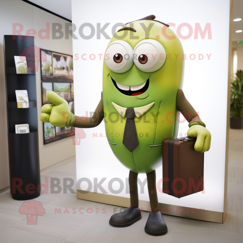 Olive Attorney mascot costume character dressed with a Suit and Clutch bags Olive Attorney mascot costume character dressed with a Suit and Clutch bags