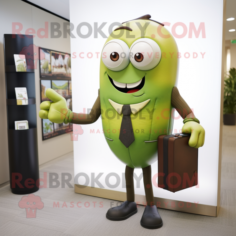 Olive Attorney mascot costume character dressed with a Suit and Clutch bags