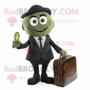 Olive Attorney mascot costume character dressed with a Suit and Clutch bags