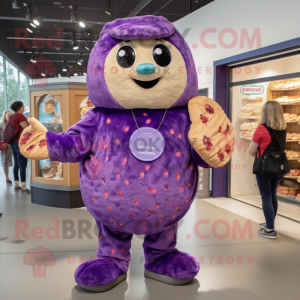 Purple Bagels mascot costume character dressed with a Romper and Handbags