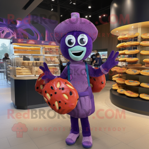 Purple Bagels mascot costume character dressed with a Romper and Handbags