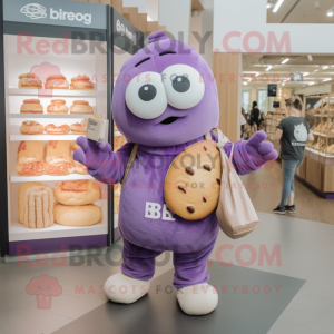 Purple Bagels mascot costume character dressed with a Romper and Handbags