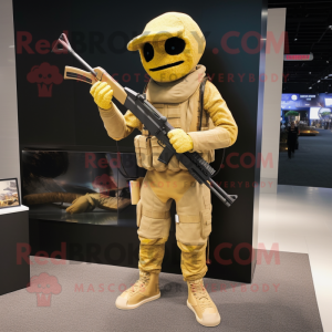 Gold Sniper mascot costume character dressed with a Shorts and Shoe laces