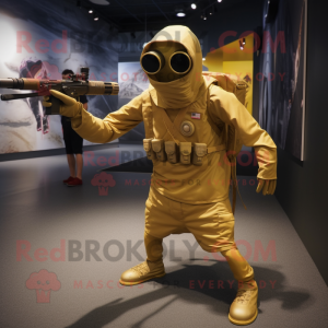 Gold Sniper mascot costume character dressed with a Shorts and Shoe laces