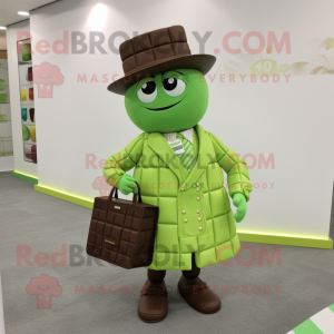 Lime Green Chocolate Bars mascot costume character dressed with a Dress Shirt and Handbags