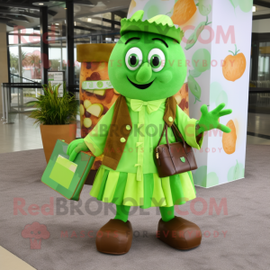 Lime Green Chocolate Bars mascot costume character dressed with a Dress Shirt and Handbags