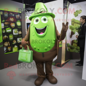 Lime Green Chocolate Bars mascot costume character dressed with a Dress Shirt and Handbags