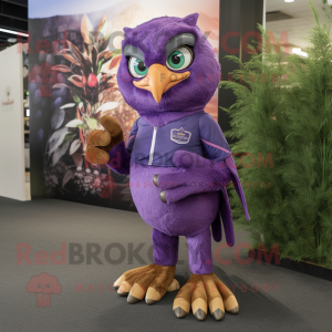 Purple Hawk mascot costume character dressed with a Flare Jeans and Foot pads